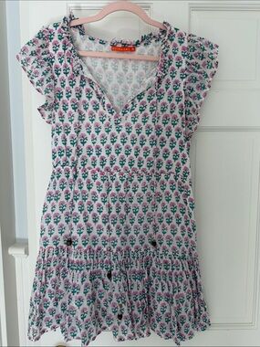 Oliphant White Pink and Green Floral Tiered Mini Dress